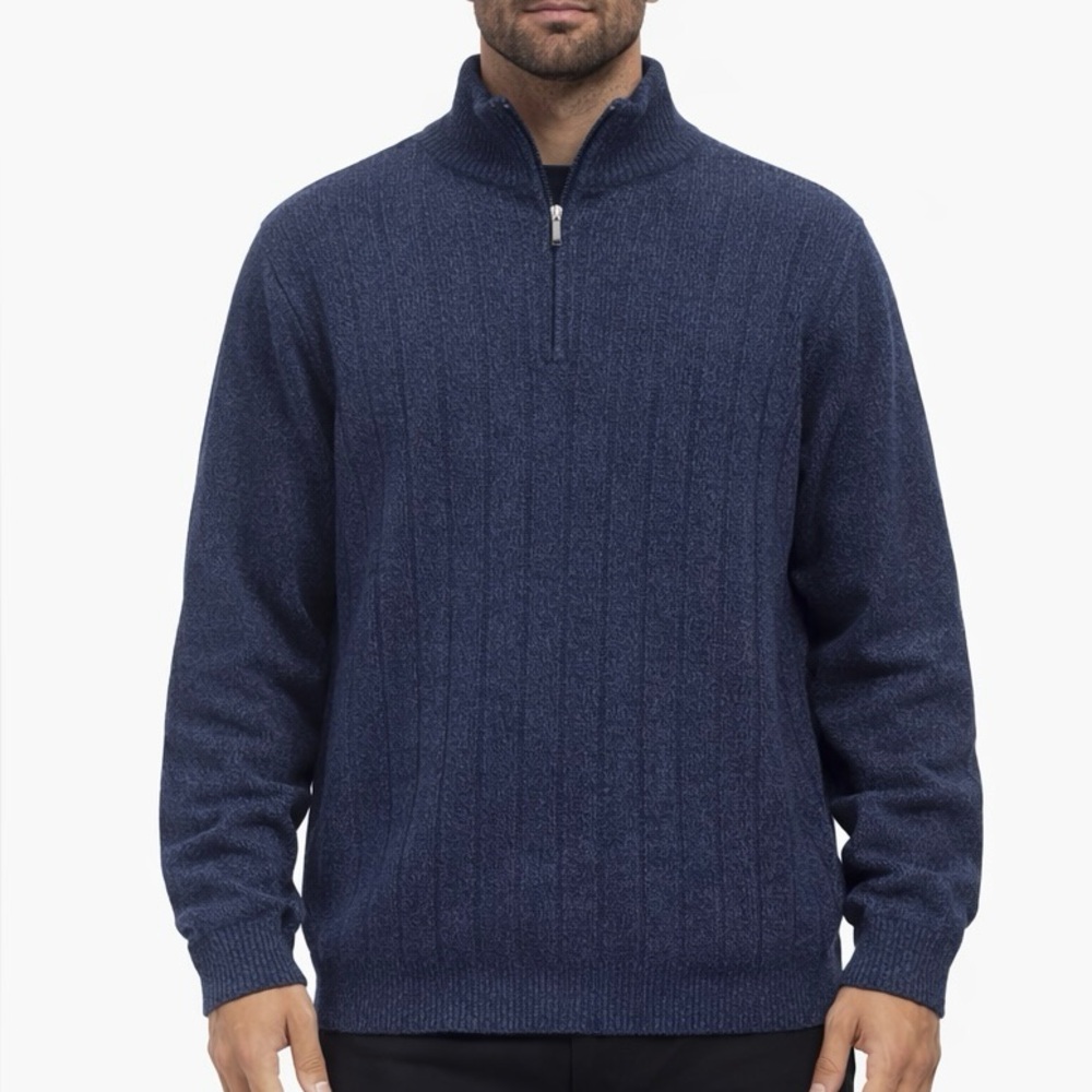 Geoffrey Beene Men's Quarter Zip Sweater Medium Navy Blue Ribbed Knit Pullover
